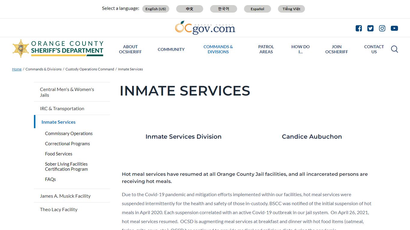 Inmate Services | Orange County California - Sheriff's Department